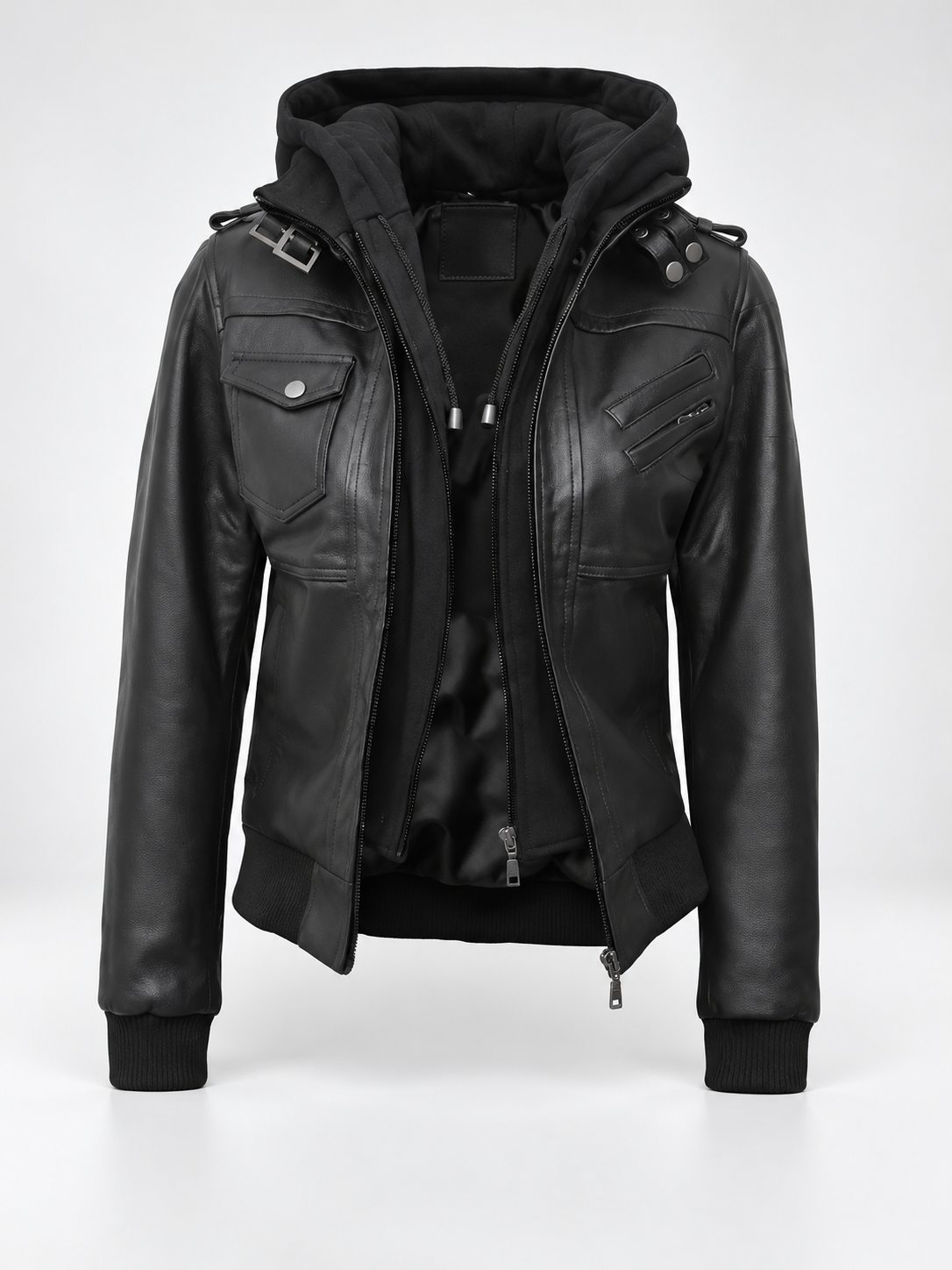 Women's Hooded Faux Leather Zip-Up Jacket with Ribbed Cuffs and Shoulder Epaulettes in Black – photo 3