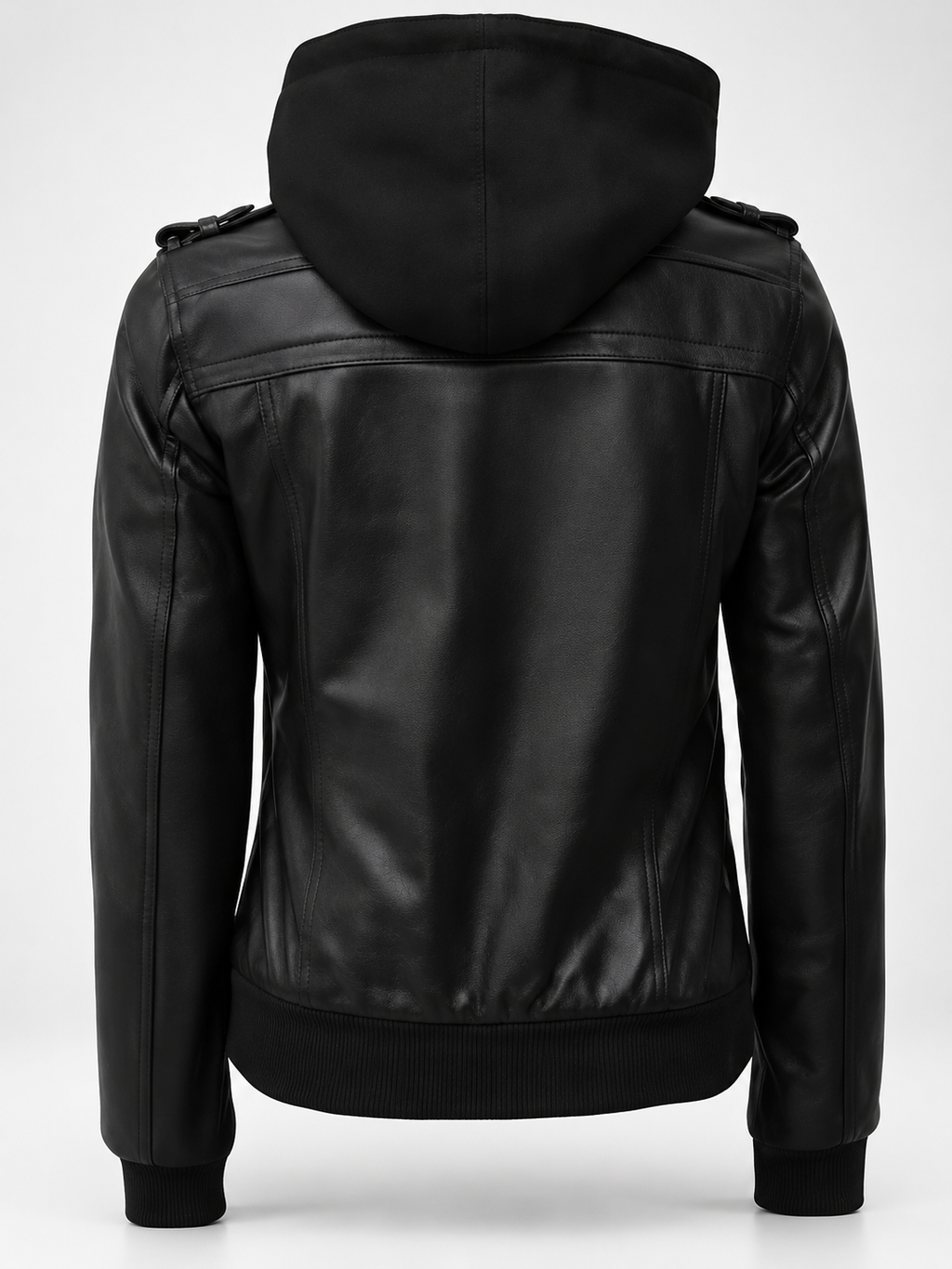 Women's Hooded Faux Leather Zip-Up Jacket with Ribbed Cuffs and Shoulder Epaulettes in Black – photo 4