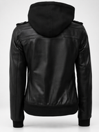 Women's Hooded Faux Leather Zip-Up Jacket with Ribbed Cuffs and Shoulder Epaulettes in Black – photo 4