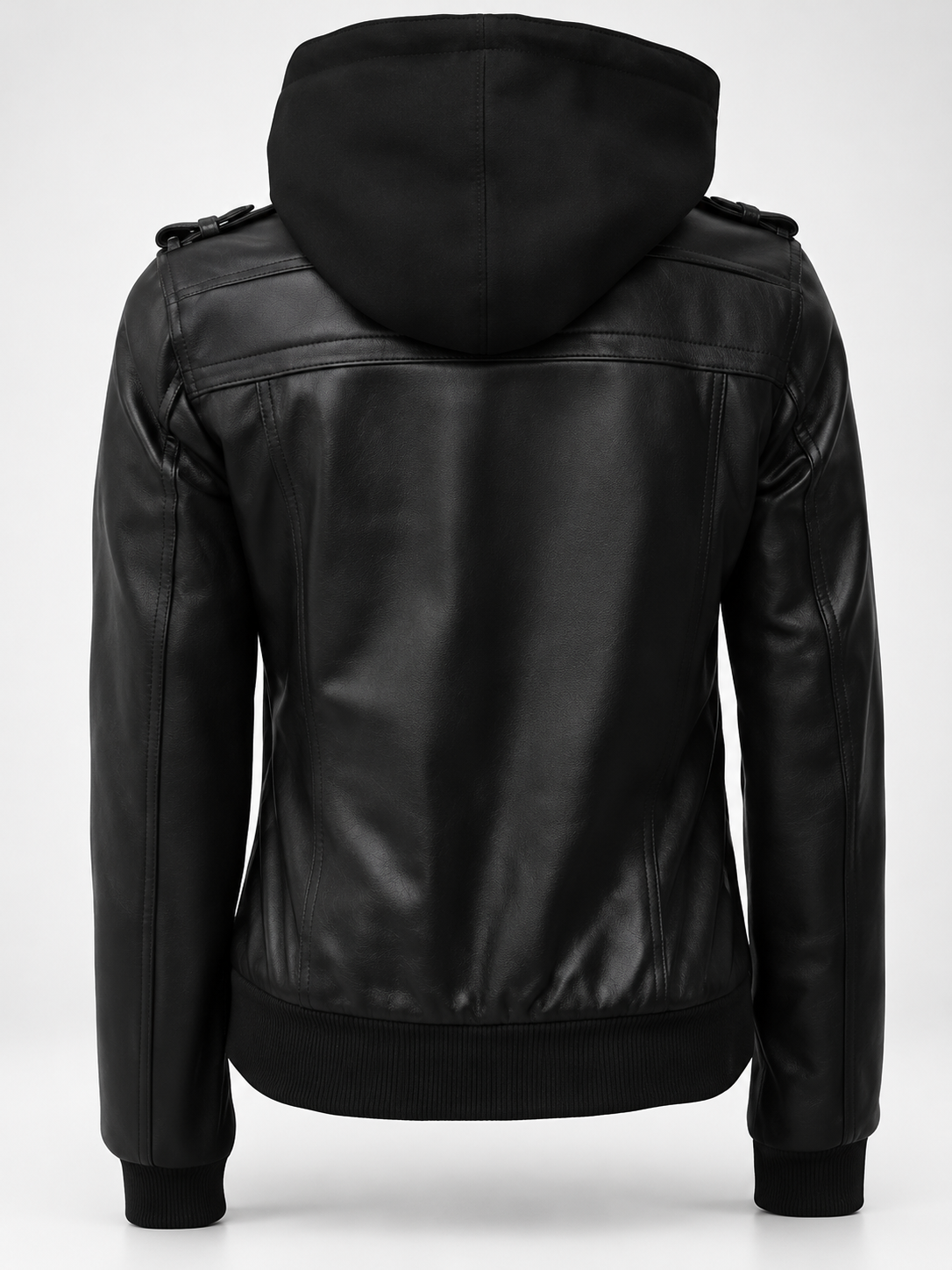 Women's Hooded Faux Leather Zip-Up Jacket with Ribbed Cuffs and Shoulder Epaulettes in Black – photo 4