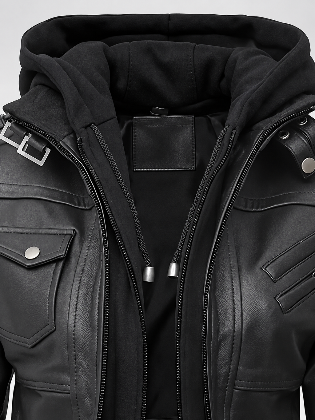 Women's Hooded Faux Leather Zip-Up Jacket with Ribbed Cuffs and Shoulder Epaulettes in Black – photo 5