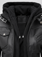 Women's Hooded Faux Leather Zip-Up Jacket with Ribbed Cuffs and Shoulder Epaulettes in Black – photo 5
