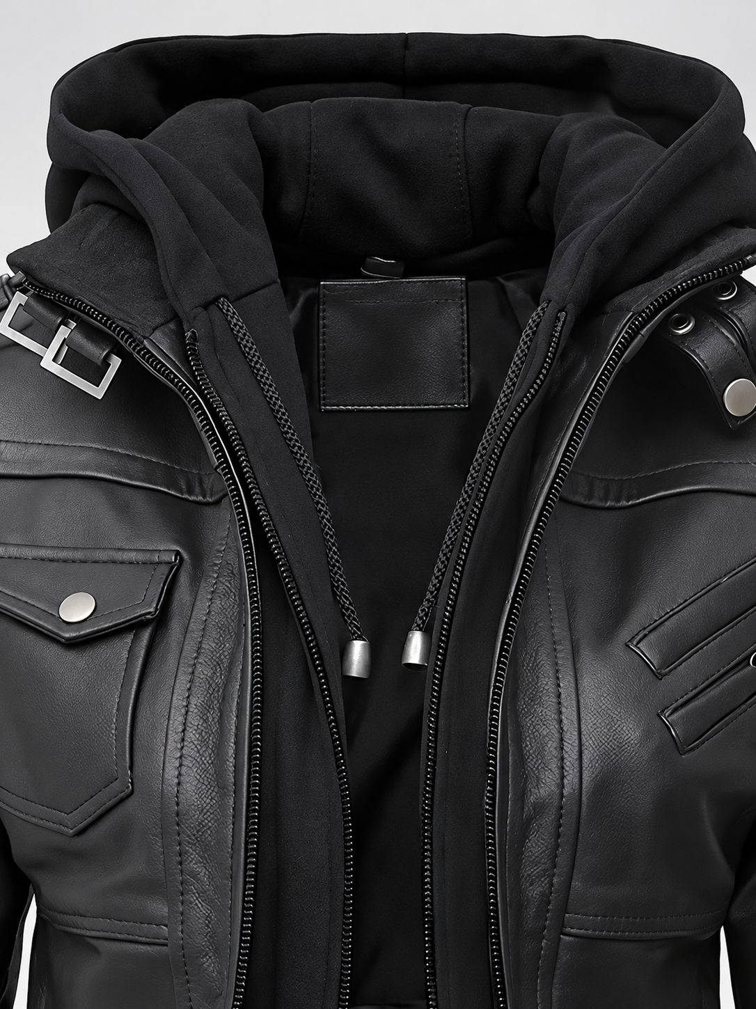 Women's Hooded Faux Leather Zip-Up Jacket with Ribbed Cuffs and Shoulder Epaulettes in Black – photo 5