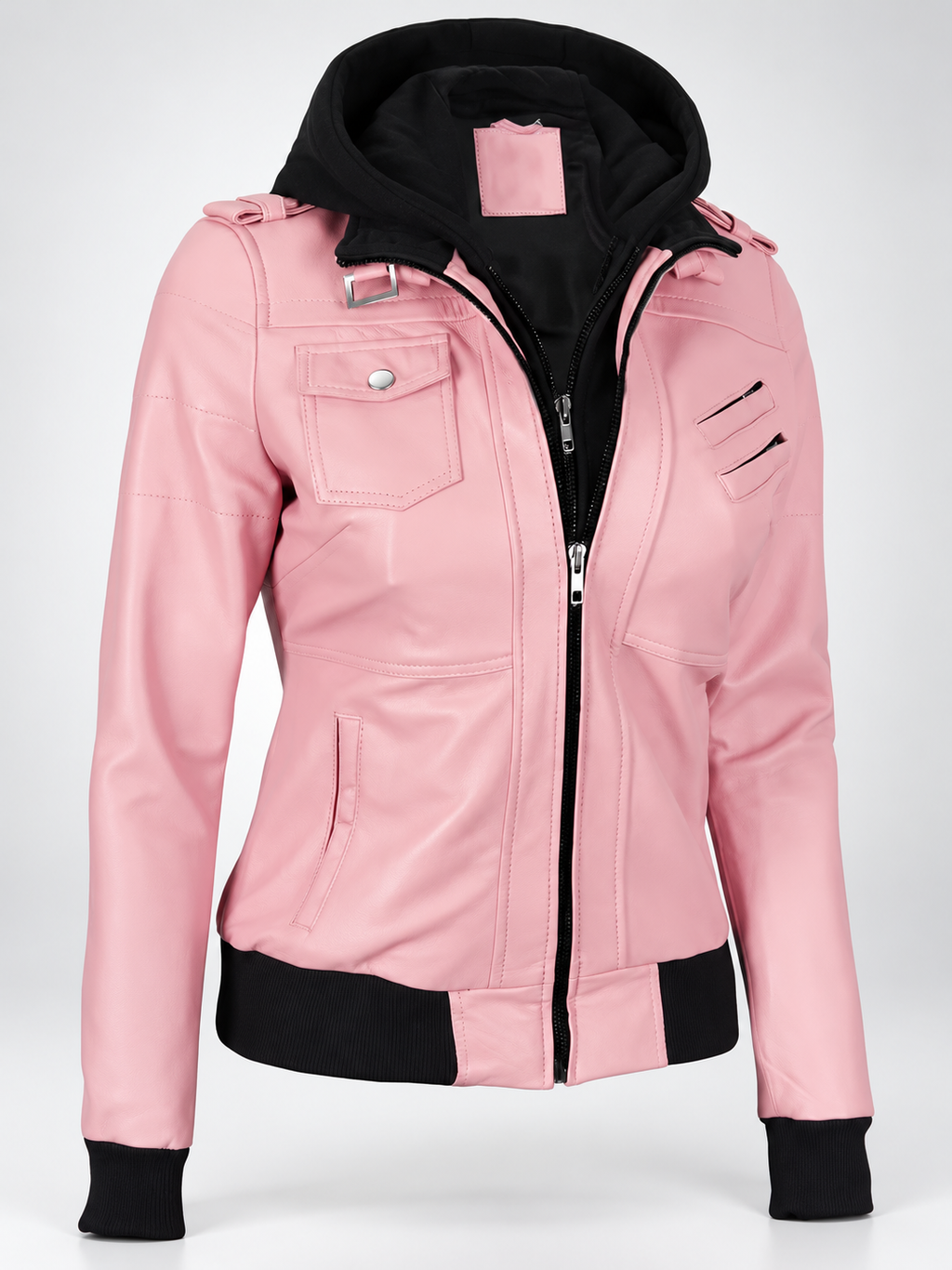 Women's Hooded Faux Leather Zip-Up Jacket with Ribbed Cuffs and Shoulder Epaulettes in Pink – photo 1