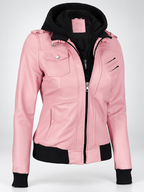 Women's Hooded Faux Leather Zip-Up Jacket with Ribbed Cuffs and Shoulder Epaulettes in Pink – photo 1