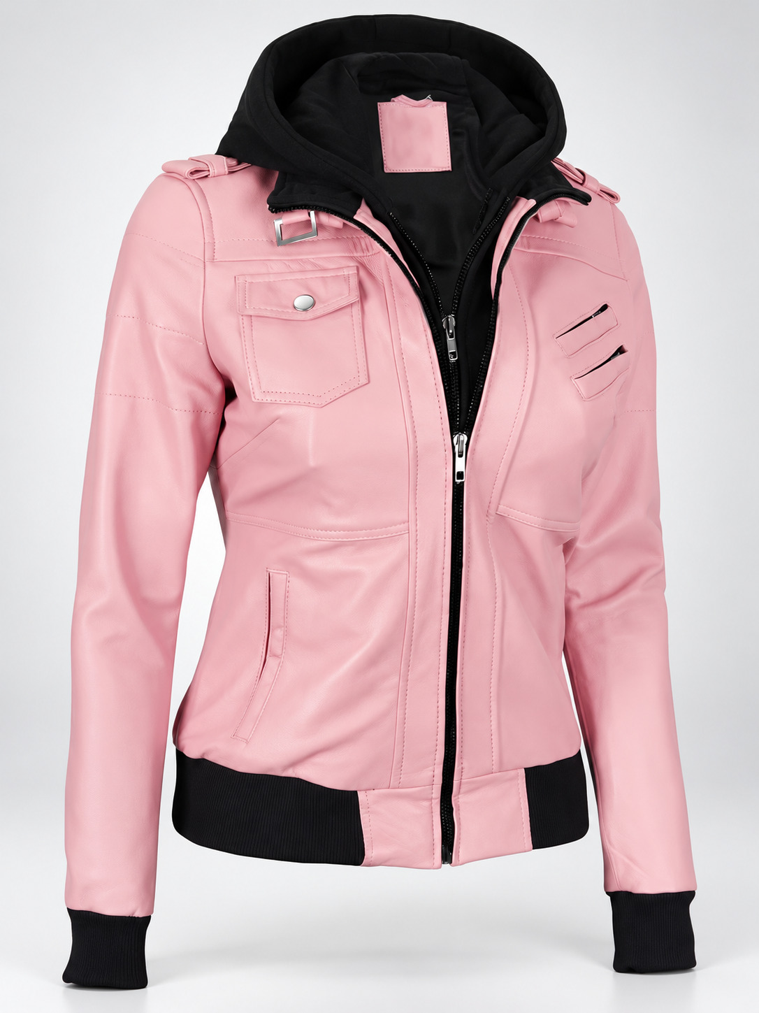 Women's Hooded Faux Leather Zip-Up Jacket with Ribbed Cuffs and Shoulder Epaulettes in Pink – photo 1
