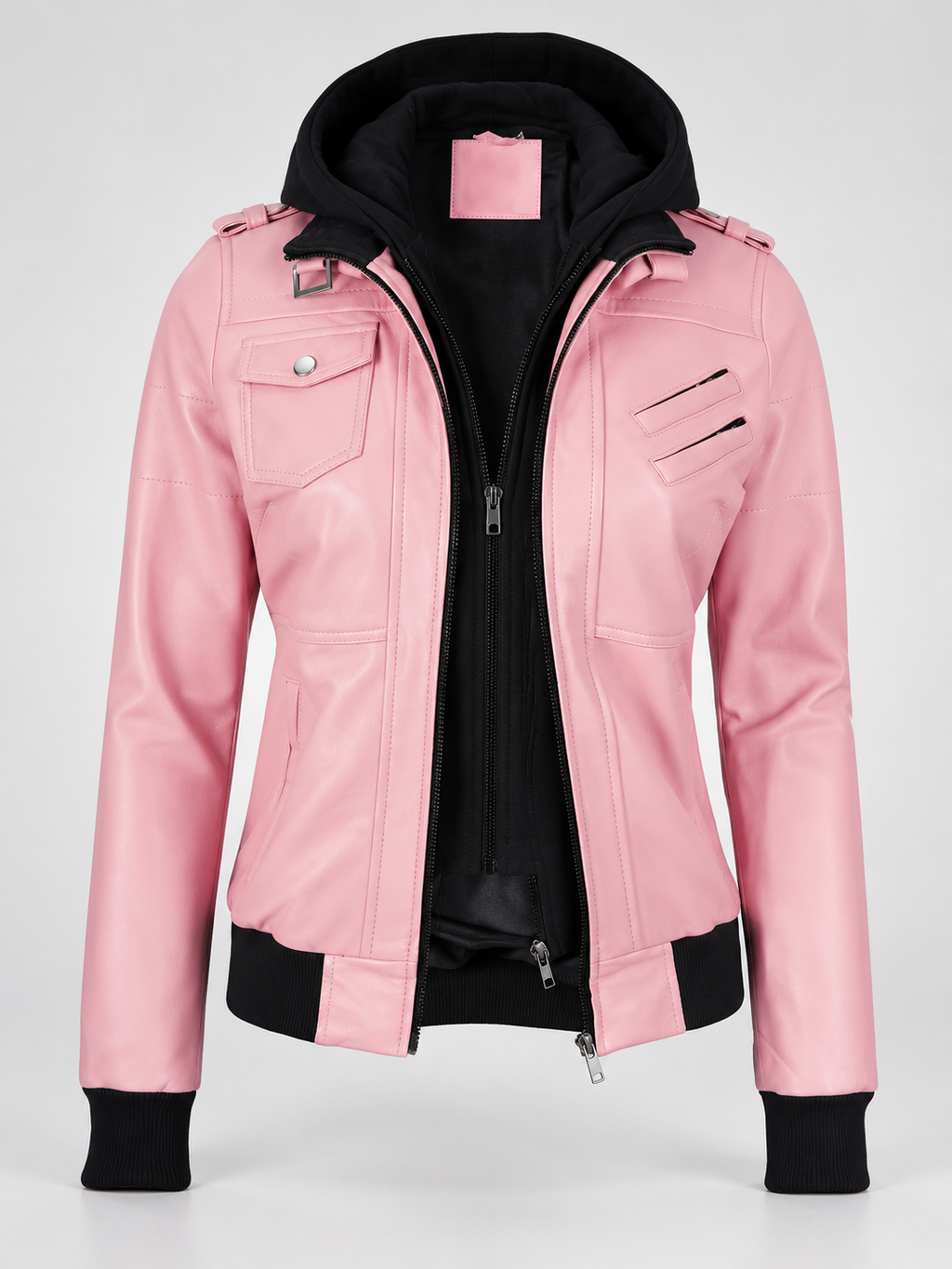 Women's Hooded Faux Leather Zip-Up Jacket with Ribbed Cuffs and Shoulder Epaulettes in Pink – photo 2