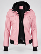 Women's Hooded Faux Leather Zip-Up Jacket with Ribbed Cuffs and Shoulder Epaulettes in Pink – photo 2