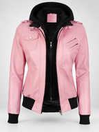 Women's Hooded Faux Leather Zip-Up Jacket with Ribbed Cuffs and Shoulder Epaulettes in Pink – photo 3