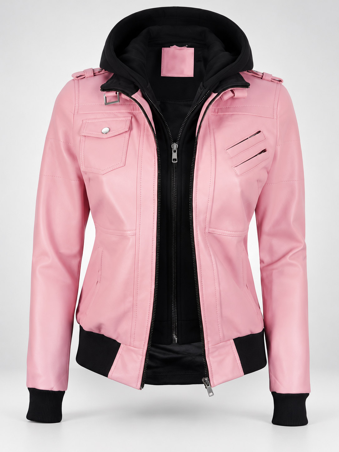 Women's Hooded Faux Leather Zip-Up Jacket with Ribbed Cuffs and Shoulder Epaulettes in Pink – photo 3