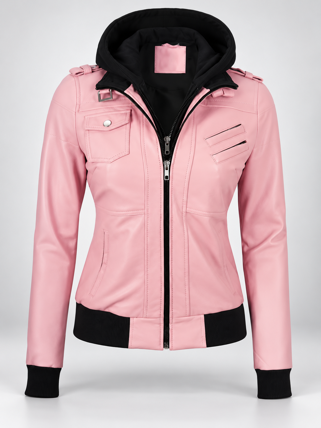 Women's Hooded Faux Leather Zip-Up Jacket with Ribbed Cuffs and Shoulder Epaulettes in Pink – photo 4