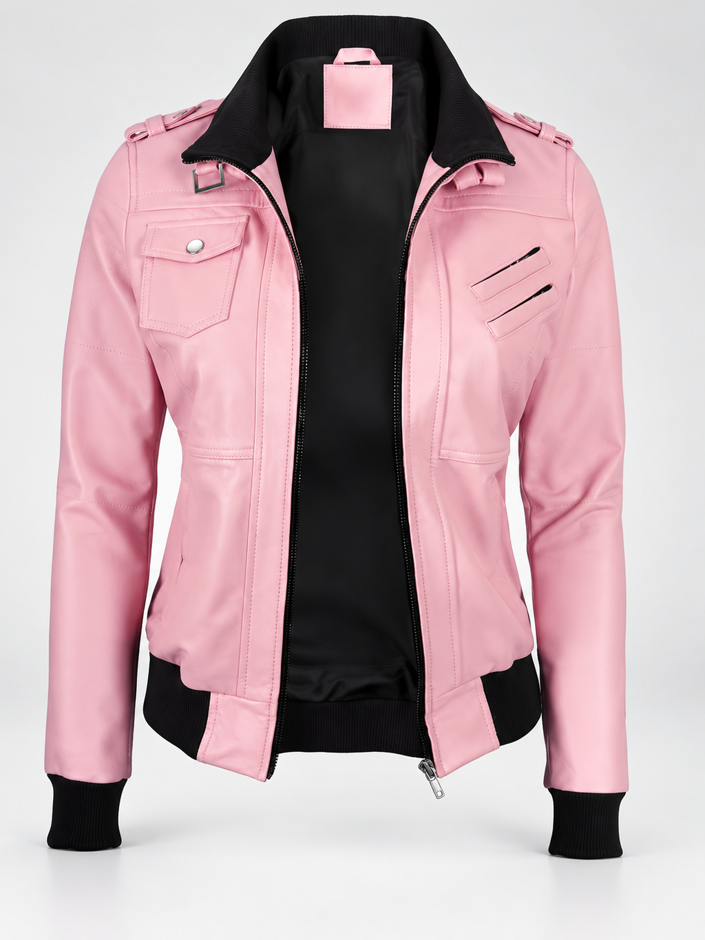 Women's Hooded Faux Leather Zip-Up Jacket with Ribbed Cuffs and Shoulder Epaulettes in Pink – photo 5