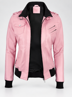 Women's Hooded Faux Leather Zip-Up Jacket with Ribbed Cuffs and Shoulder Epaulettes in Pink – photo 5