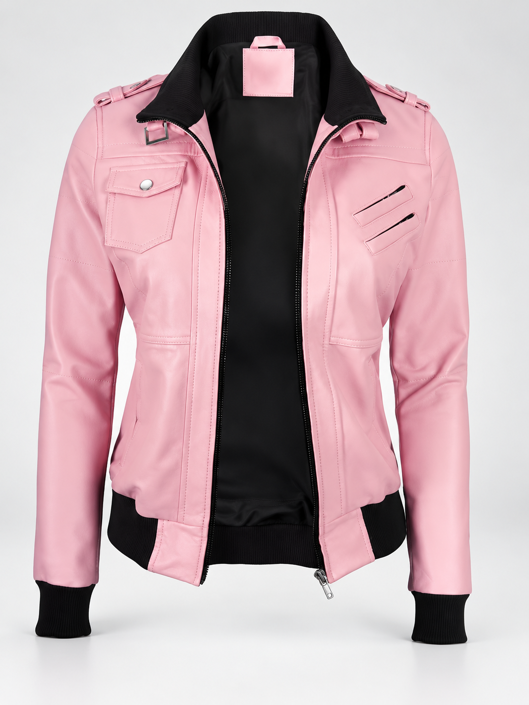 Women's Hooded Faux Leather Zip-Up Jacket with Ribbed Cuffs and Shoulder Epaulettes in Pink – photo 5
