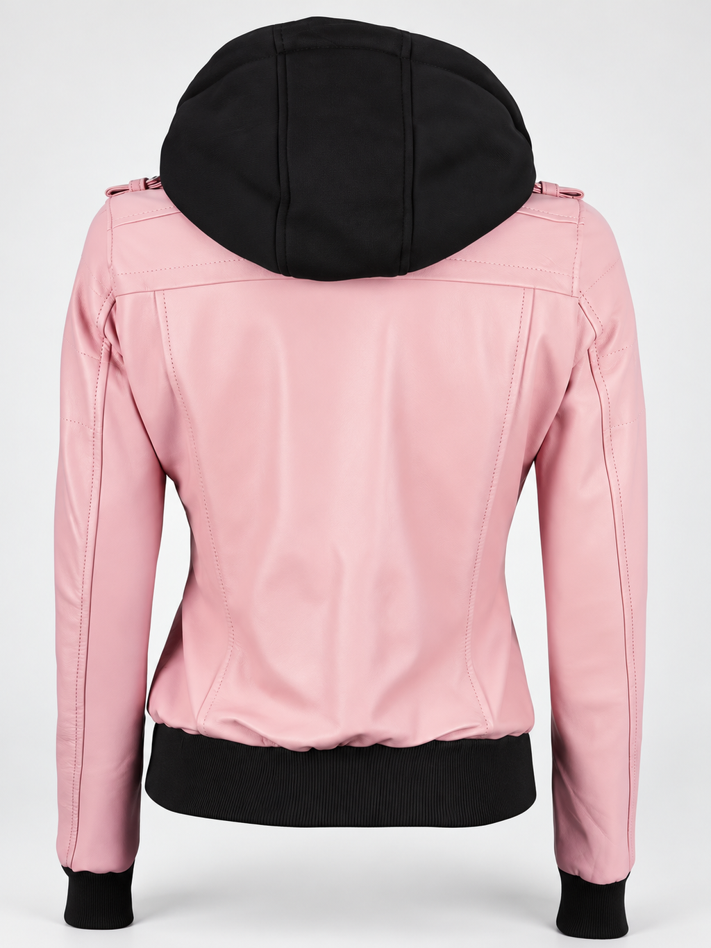 Women's Hooded Faux Leather Zip-Up Jacket with Ribbed Cuffs and Shoulder Epaulettes in Pink – photo 6