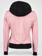 Women's Hooded Faux Leather Zip-Up Jacket with Ribbed Cuffs and Shoulder Epaulettes in Pink – photo 6