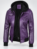 Women's Hooded Faux Leather Zip-Up Jacket with Ribbed Cuffs and Shoulder Epaulettes in Purple – photo 1
