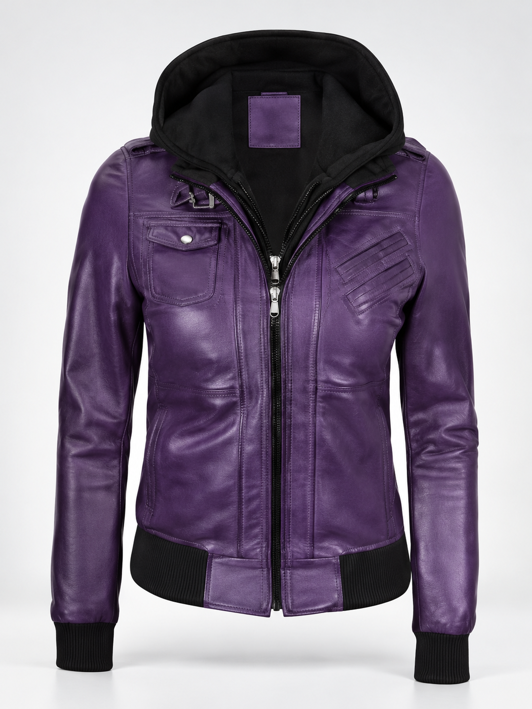 Women's Hooded Faux Leather Zip-Up Jacket with Ribbed Cuffs and Shoulder Epaulettes in Purple – photo 3