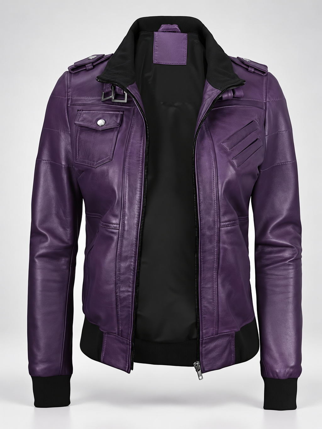Women's Hooded Faux Leather Zip-Up Jacket with Ribbed Cuffs and Shoulder Epaulettes in Purple – photo 5