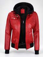 Women's Hooded Faux Leather Zip-Up Jacket with Ribbed Cuffs and Shoulder Epaulettes in Red – photo 1