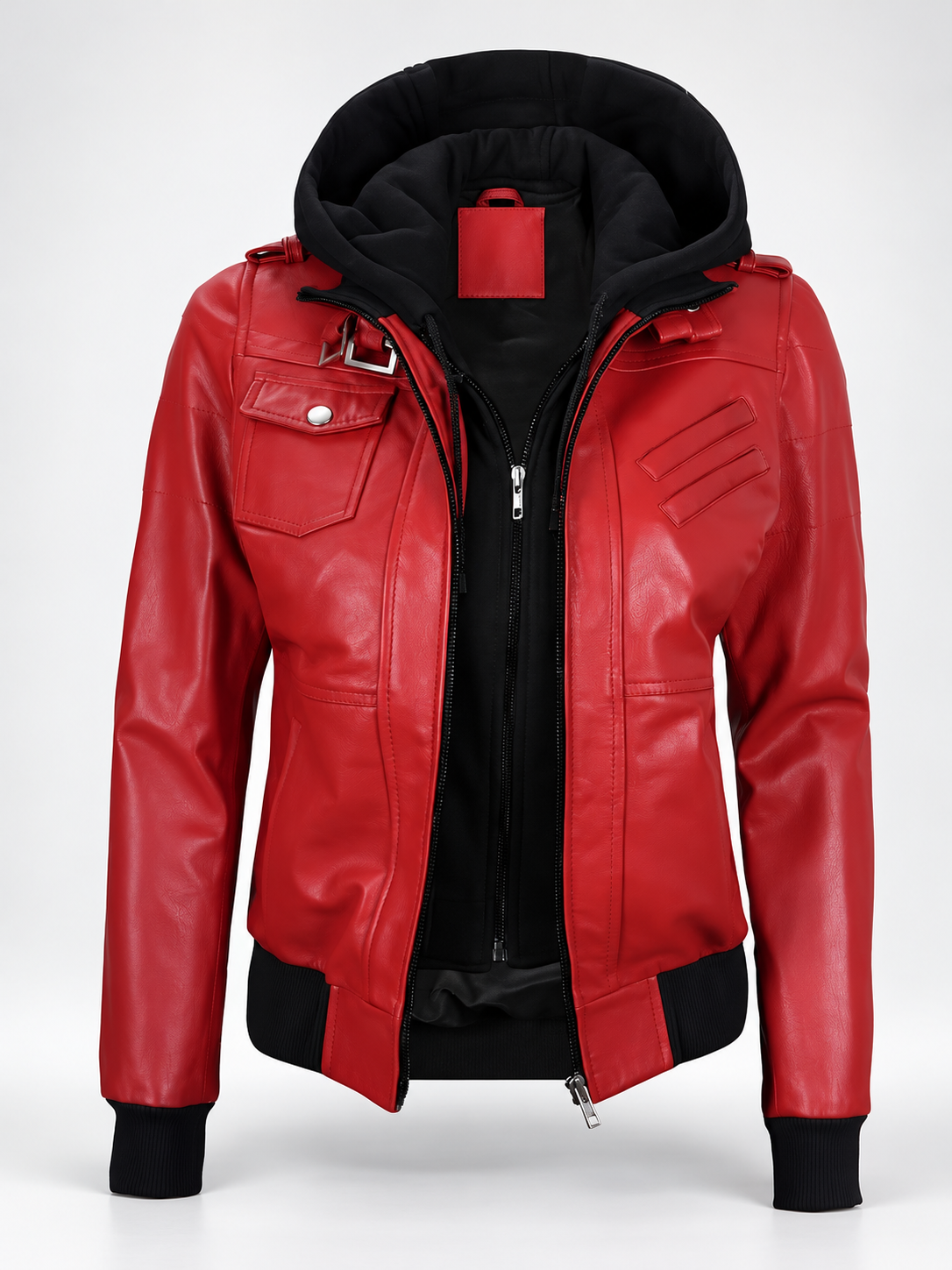 Women's Hooded Faux Leather Zip-Up Jacket with Ribbed Cuffs and Shoulder Epaulettes in Red – photo 1