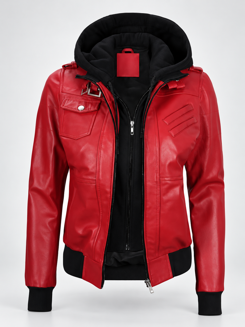 Women's Hooded Faux Leather Zip-Up Jacket with Ribbed Cuffs and Shoulder Epaulettes in Red – photo 2