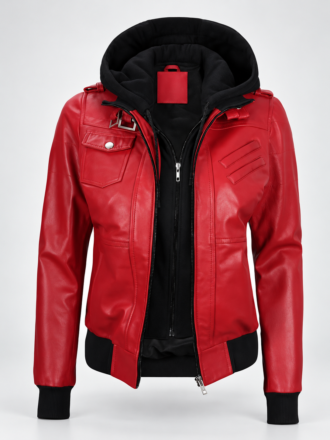 Women's Hooded Faux Leather Zip-Up Jacket with Ribbed Cuffs and Shoulder Epaulettes in Red – photo 2
