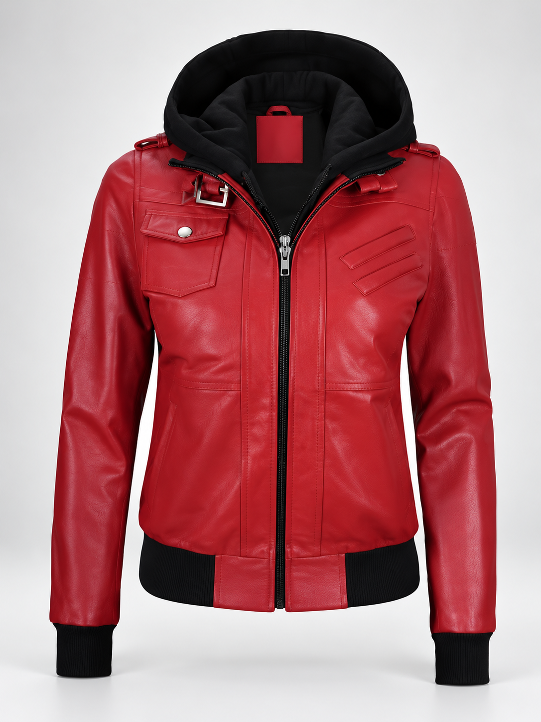 Women's Hooded Faux Leather Zip-Up Jacket with Ribbed Cuffs and Shoulder Epaulettes in Red – photo 3