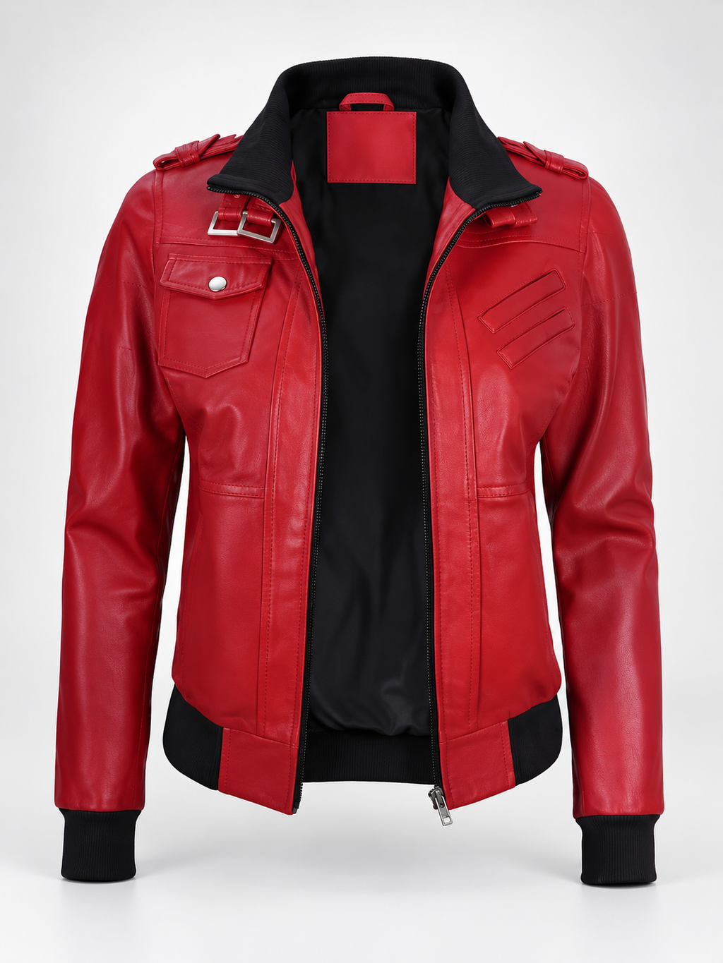 Women's Hooded Faux Leather Zip-Up Jacket with Ribbed Cuffs and Shoulder Epaulettes in Red – photo 4