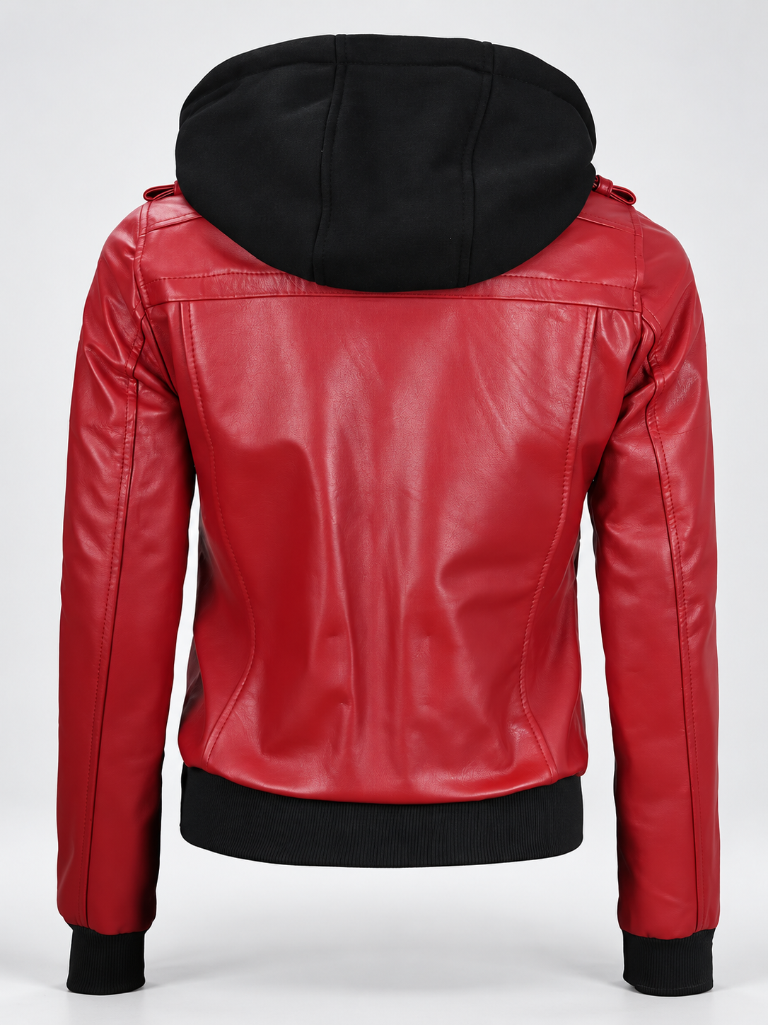 Women's Hooded Faux Leather Zip-Up Jacket with Ribbed Cuffs and Shoulder Epaulettes in Red – photo 5