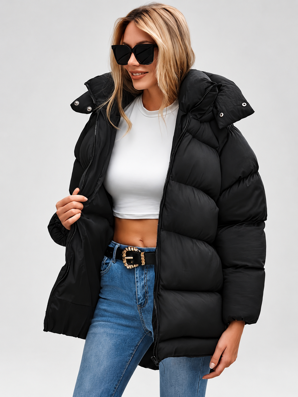 Women's Oversized Hooded Puffer Jacket with Funnel Neck and Dipped Hem in Black – Front View