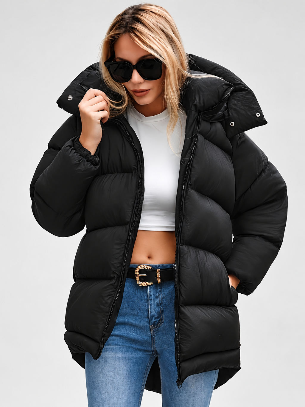 Women's Oversized Hooded Puffer Jacket with Funnel Neck and Dipped Hem in Black – Three-Quarter View