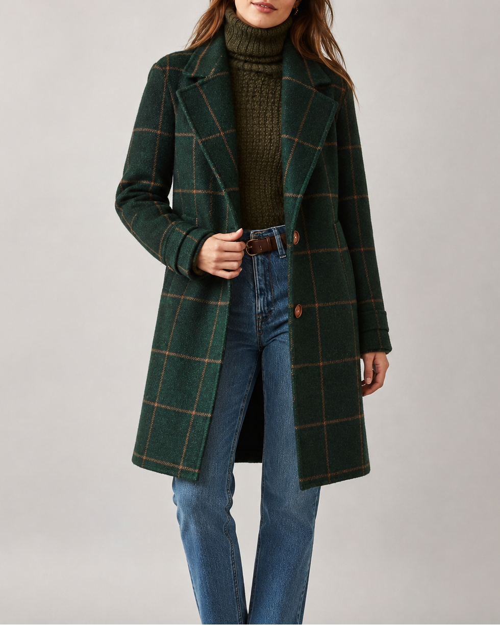 Women's Checked Wool Look Coat with Lapel Collar and Button Front