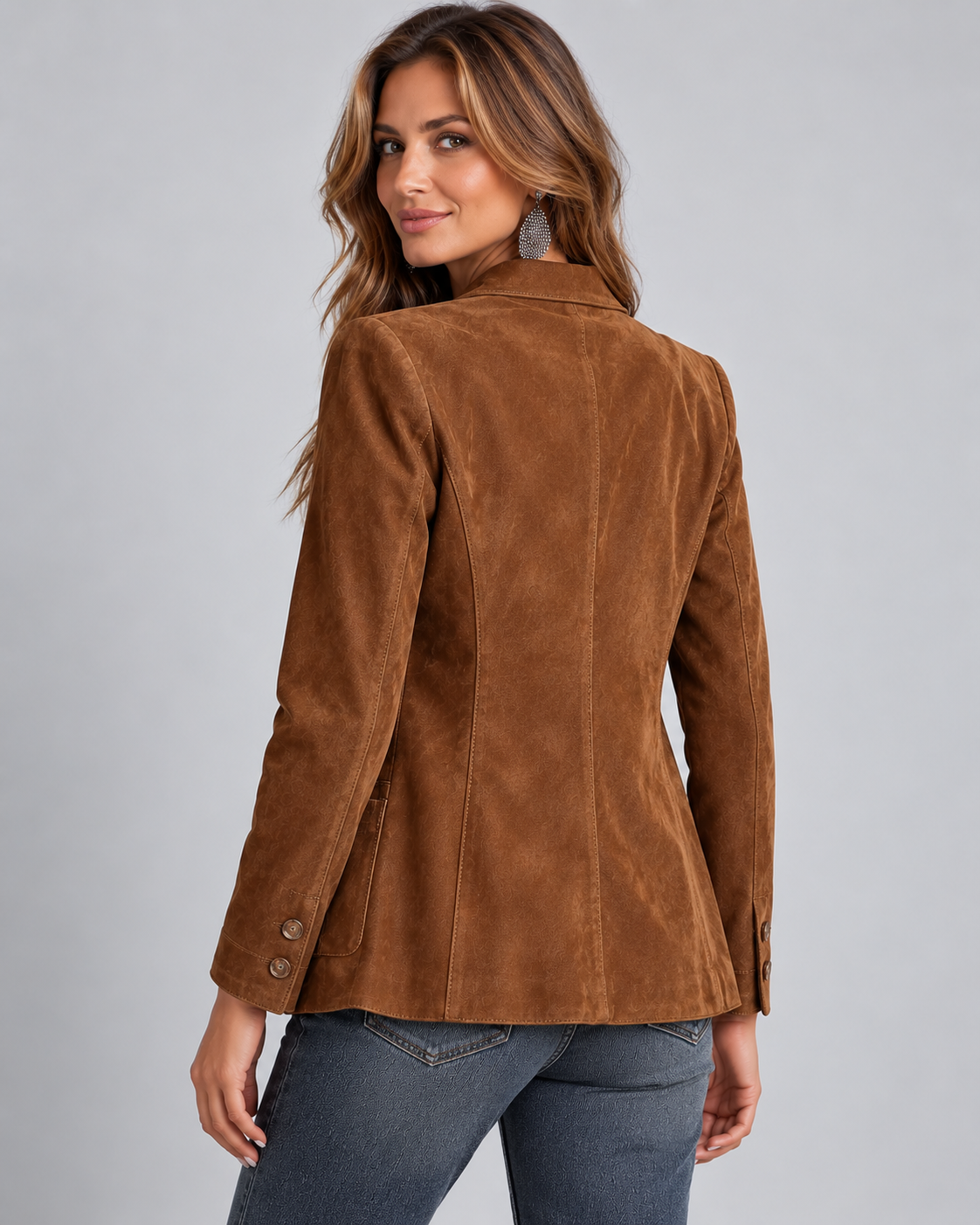 Women's Brown Suede Style Blazer with Notch Lapel and Chest Pocket