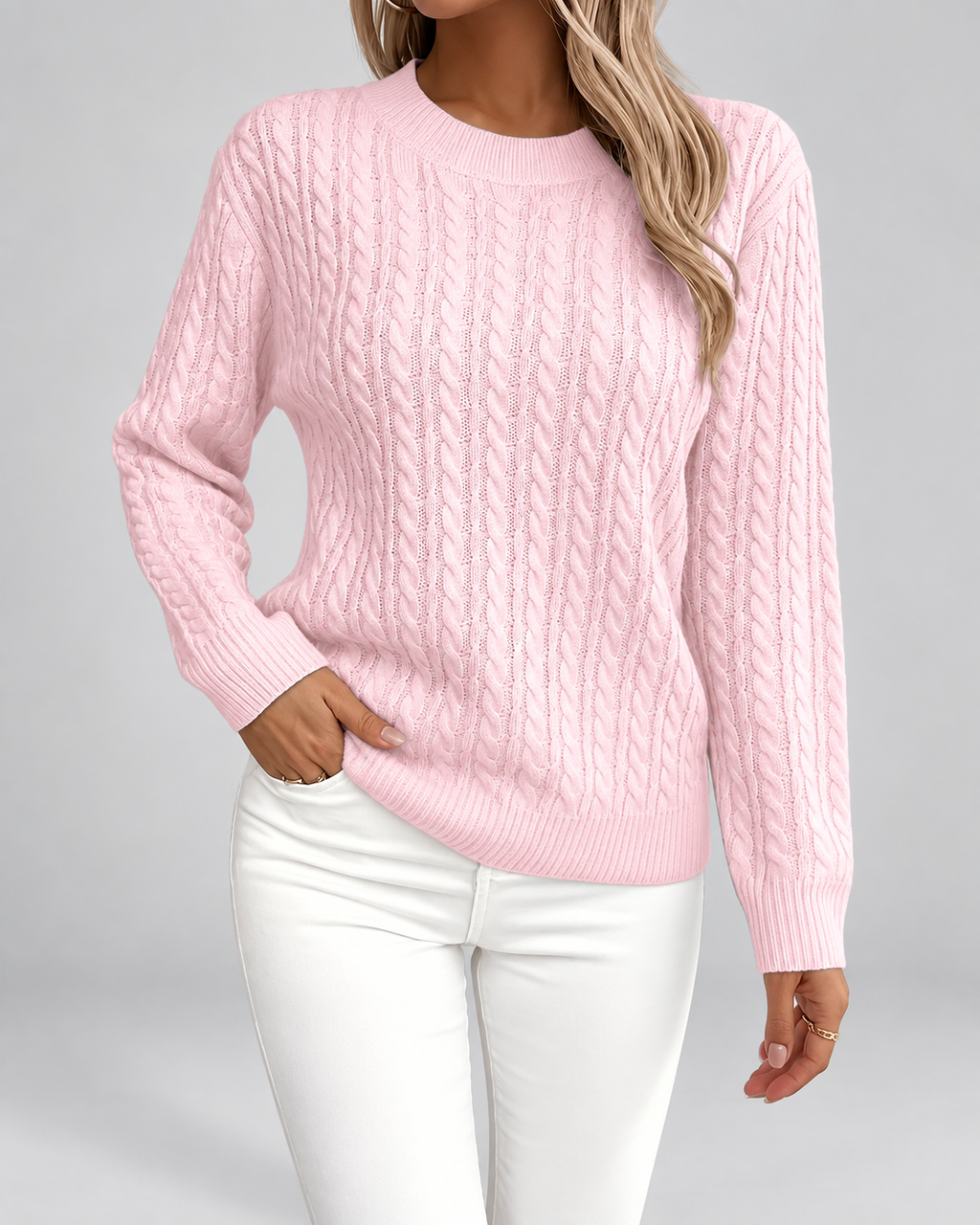Women's Cable Textured Jumper with Crew Neck and Ribbed Cuffs