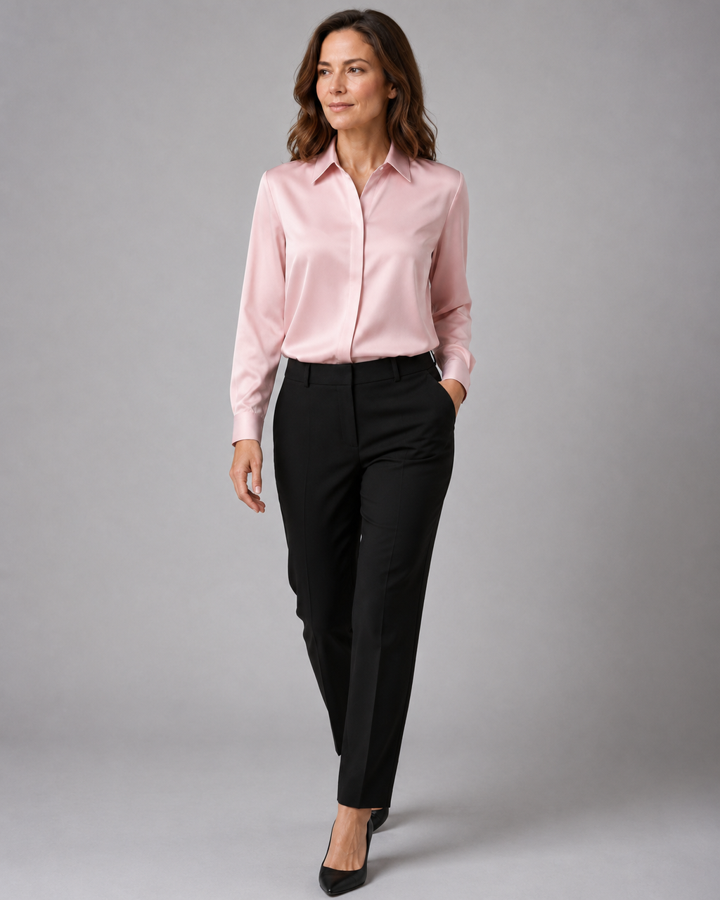 Women's Satin Collared Long Sleeve Button Up Blouse
