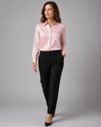 Women's Satin Collared Long Sleeve Button Up Blouse