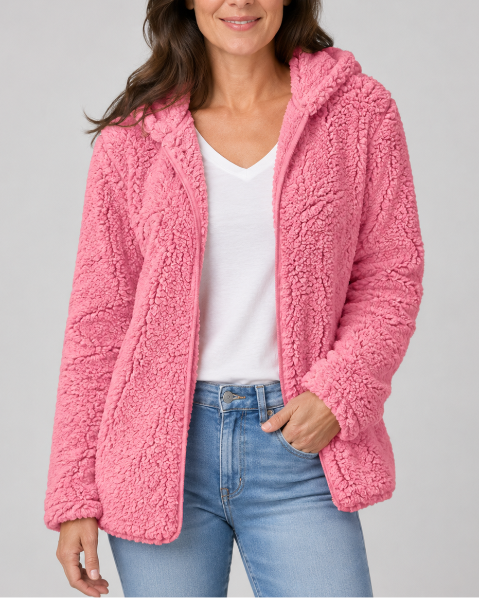 Women's Teddy Fleece Jacket with Hood and Zip Front