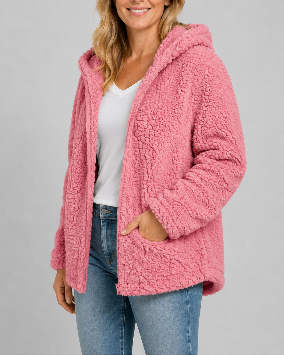 Women's Teddy Fleece Jacket with Hood and Zip Front