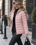 Women's Quilted Puffer Jacket with Hood and Zip Front