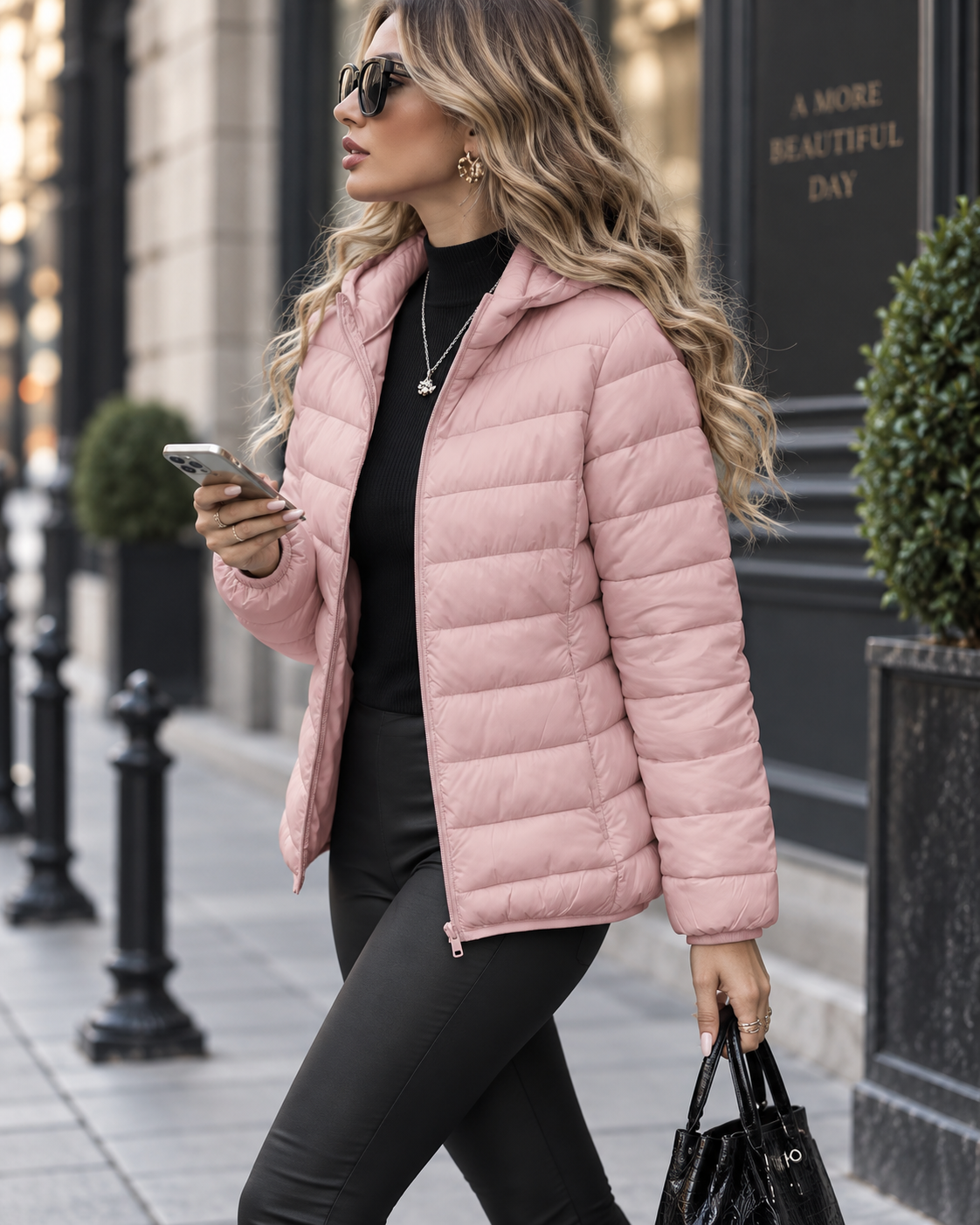 Women's Quilted Puffer Jacket with Hood and Zip Front