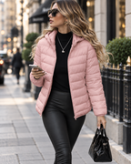 Women's Quilted Puffer Jacket with Hood and Zip Front