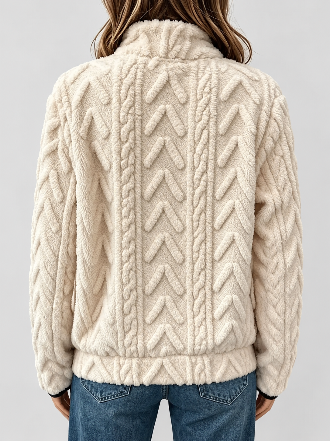 Women's raised cable pattern fleece pullover in Apricot, back studio view