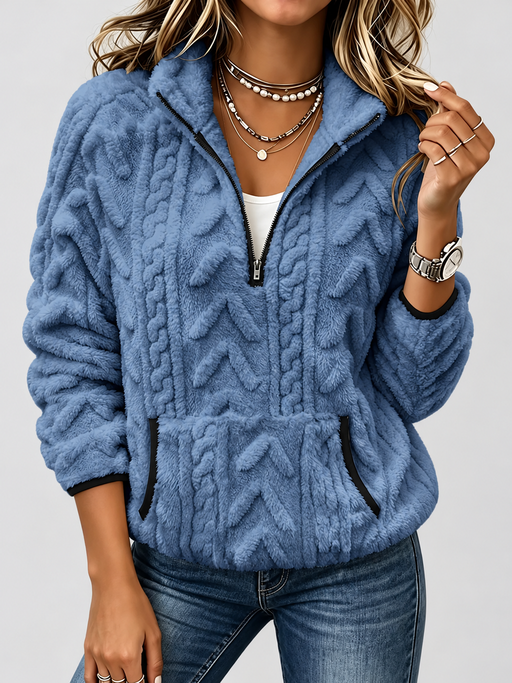 Women's raised cable pattern fleece pullover in Blue, front studio view
