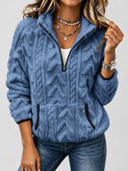 Women's raised cable pattern fleece pullover in Blue, front studio view