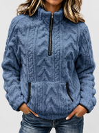Women's raised cable pattern fleece pullover in Blue, front studio view