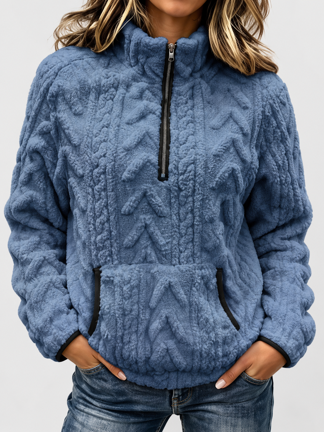 Women's raised cable pattern fleece pullover in Blue, front studio view