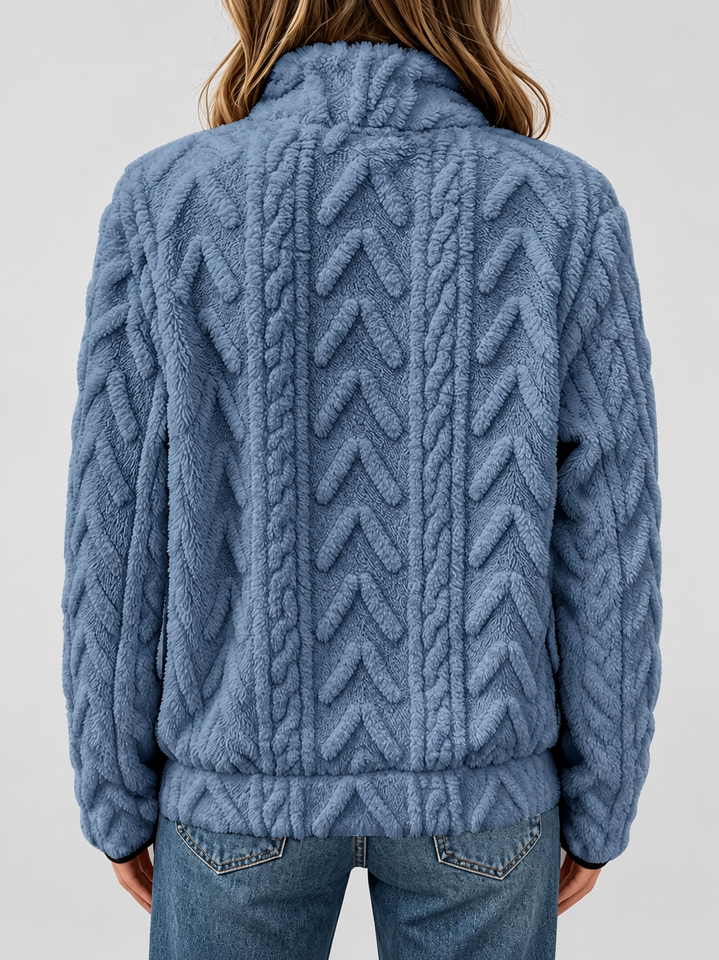 Women's raised cable pattern fleece pullover in Blue, back studio view