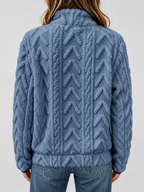 Women's raised cable pattern fleece pullover in Blue, back studio view