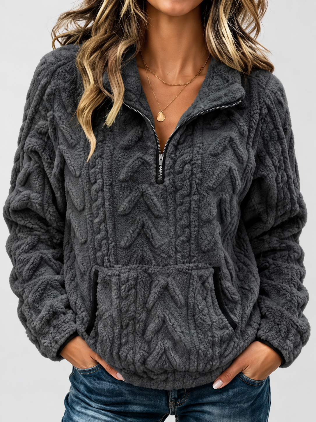 Women's raised cable pattern fleece pullover in Dark Grey, front studio view